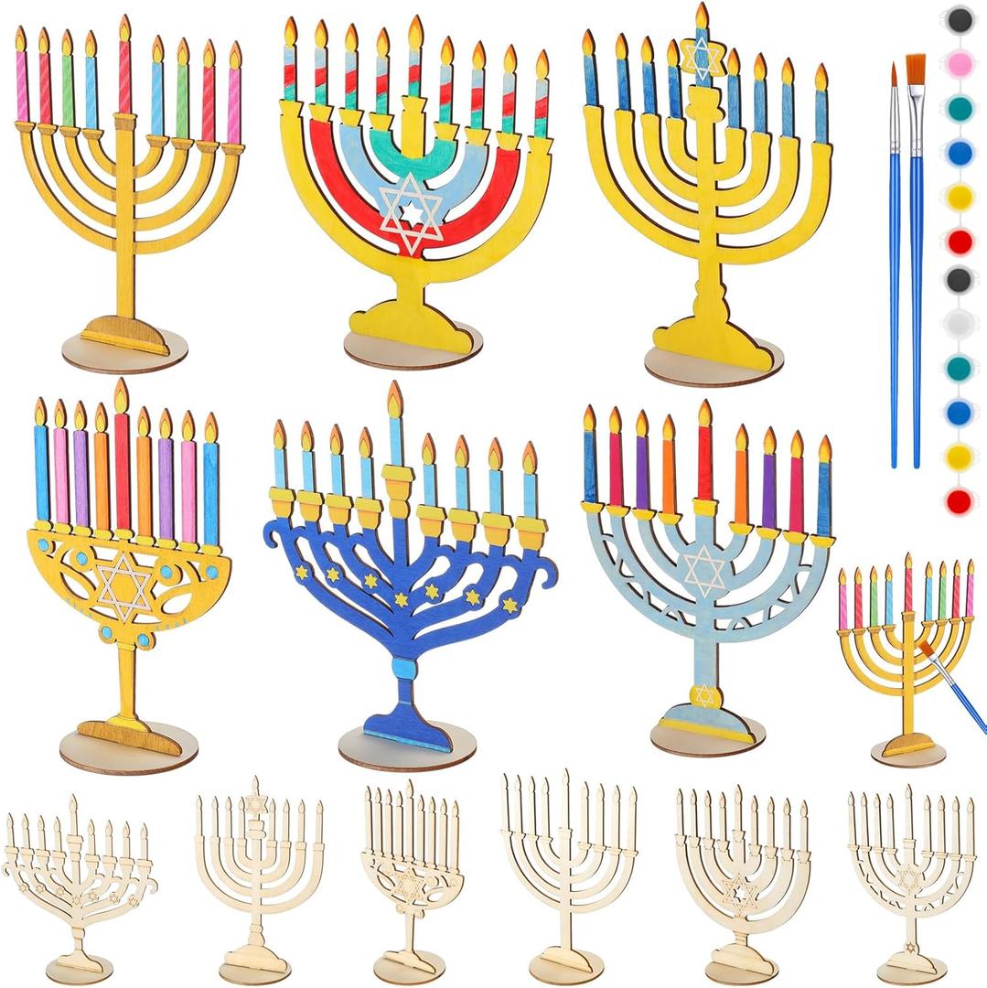 Colingmill 24 Sets Hanukkah Menorah Crafts for Kids Color Your Own Wooden DIY Hanukkah Candles Menorah Gifts Decoration for Home Classroom Party Supplies(Classic)