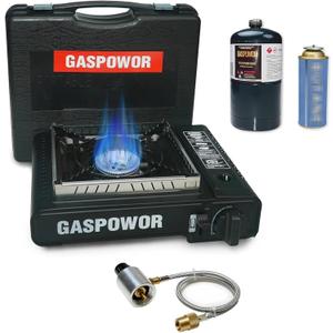 Propane or Butane Stove with Windblocker, 10,000 BTU Dual Fuel Propane Stove for Camping, Automatic Ignition Gas Portable Stove with Propane Adapter Hose Carrying Case (Fuel Not Included)