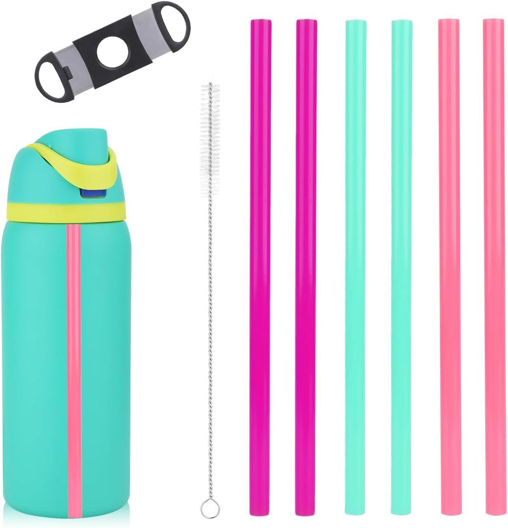 2 x 6pcs Replacement Straws with Scale for Owala FreeSip Water Bottles 14/16/19/24/32/40oz, Colored Plastic Reusable Tumbler Straw with Cleaning Brush & Cutting Tool (Purple, light green, pink)