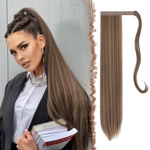 FESHFEN Straight Ponytail Extensions - 28 Inch Long Wrap Around Synthetic Ponytails Hair Piece Pony Tails Extensions Hairpieces for Women, Golden Brown Mixed Blonde FESHFEN Straight Ponytail Extensions - 28 Inch Long Wrap Around Synthetic Ponytails Hair Piece Pony Tails Extensions Hairpieces for Women, Golden Brown Mixed Blonde