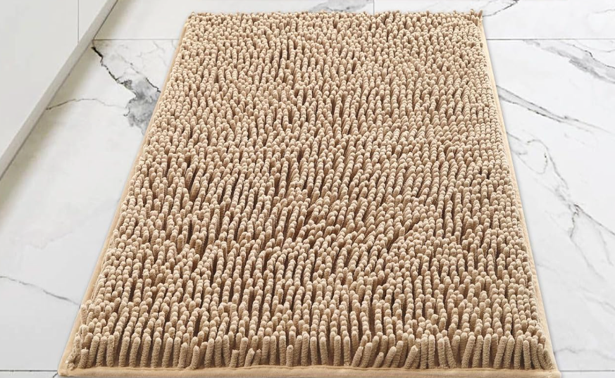 Beige Bathroom Rug - 17" x 24", Non-Slip Extra Soft Absorbent Chenille Bath Rug, Quick Dry Shaggy Shower Bathroom Floor Mat
