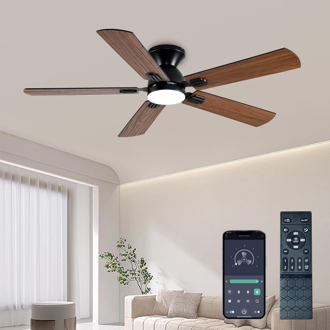 Ceiling Fans with Lights, 52 Inch Low Profile Ceiling Fan with Light and Remote, Flush Mount Ceiling Fan, 3CCT, Dimmable, Noiseless, Ceiling Light Fan for Bedroom, Indoor/Outdoor Use,Brown