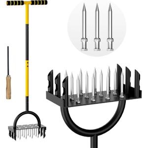 2-in-1 Lawn Aerator 43.3'',Aerator Lawn Tool with 18 Spikes,Manual Lawn Aerator Coring Tool,Yard Grass Plug Aerator for Lawn Aerating,Core Aerator with Cleaning Tool for Lawn Garden Care Compact Soil