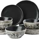 12pcs Dinnerware Set Service for 4, Handmade, Stoneware,Ceramic, Dish Set, Plates and Bowls set, Dinner Set, Reactive Glazed, Microwave and Dishwasher Safe (MATTE BLACK)