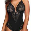Popilush Shapewear Bodysuit Lace Corset Tops for Large Bust Tummy Control Low Back V Neck Thong Bodysuits for Women (3XL (16-18), Black)
