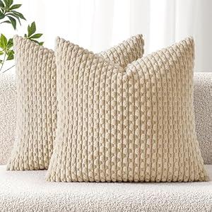 MIULEE Pack of 2 Decorative Throw Pillow Covers 20x20 Inch Soft Boho Striped Textured Corduroy Pillow Covers Modern Farmhouse Home Decor for Couch Bed Sofa Living Room Beige
