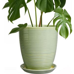 Ceramic Pots for Plants - Modern Round 8 Inch Planter with Drainage Hole and Plant Saucer for Flower Indoor Outdoor, Home Decor, House Warming Gifts, Green