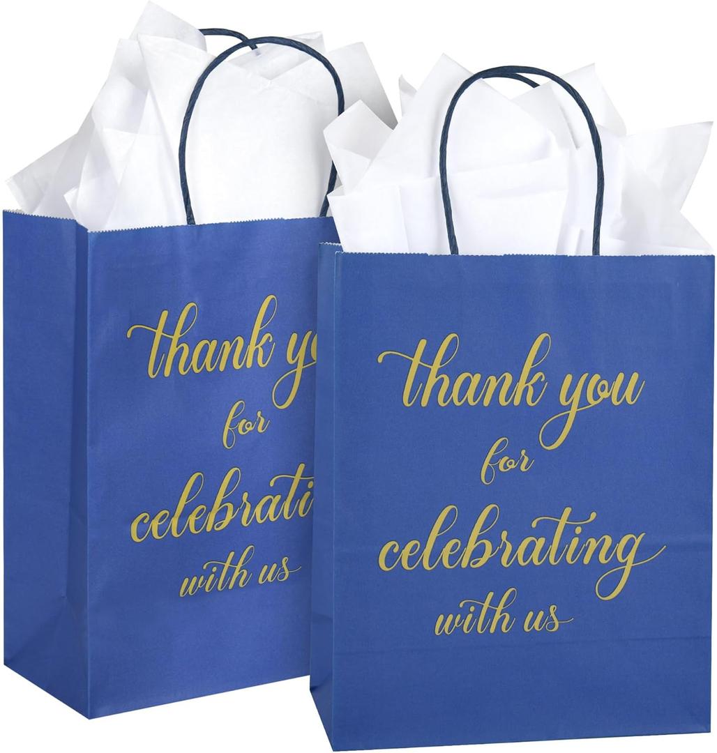 DjinnGlory 50 Pack Medium-Sized Navy Blue Welcome Paper Gift Bags 10x8x4 Inch, Thank You for Celebrating with Us Bags with White Tissue Paper for Wedding, Bridal Shower Parties