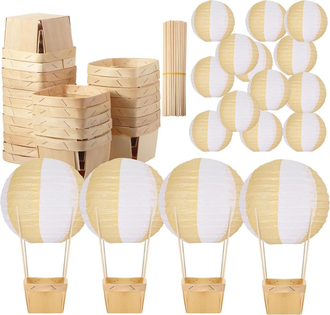 Namalu 24 Set Hot Air Balloon Baby Shower Centerpieces Paper Lanterns Wooden Candy Boxes with Sticks DIY Craft for Graduation Birthday Wedding Party Table Decoration(White Khaki)