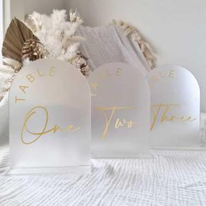 Frosted Arch Wedding Table Numbers 1-15 with Stands, 5x7 Inch Acrylic Arch Sign with Golden Lettering, Frosted and Gold Table Numbers for Wedding Reception
