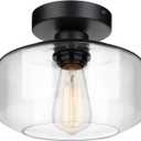 MAXvolador Industrial Semi Flush Mount Ceiling Light, Clear Glass Pendant Lamp Shade, Farmhouse Lighting for Hallway, Vintage Hanging Light Fixtures (Large, Black)