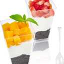 JOLLY CHEF 100 Pack 3 oz Square Mini Dessert Cups with Spoons, Clear Plastic Parfait Appetizer Cup, Small Plastic Dessert Serving Bowl for Tasting Party
