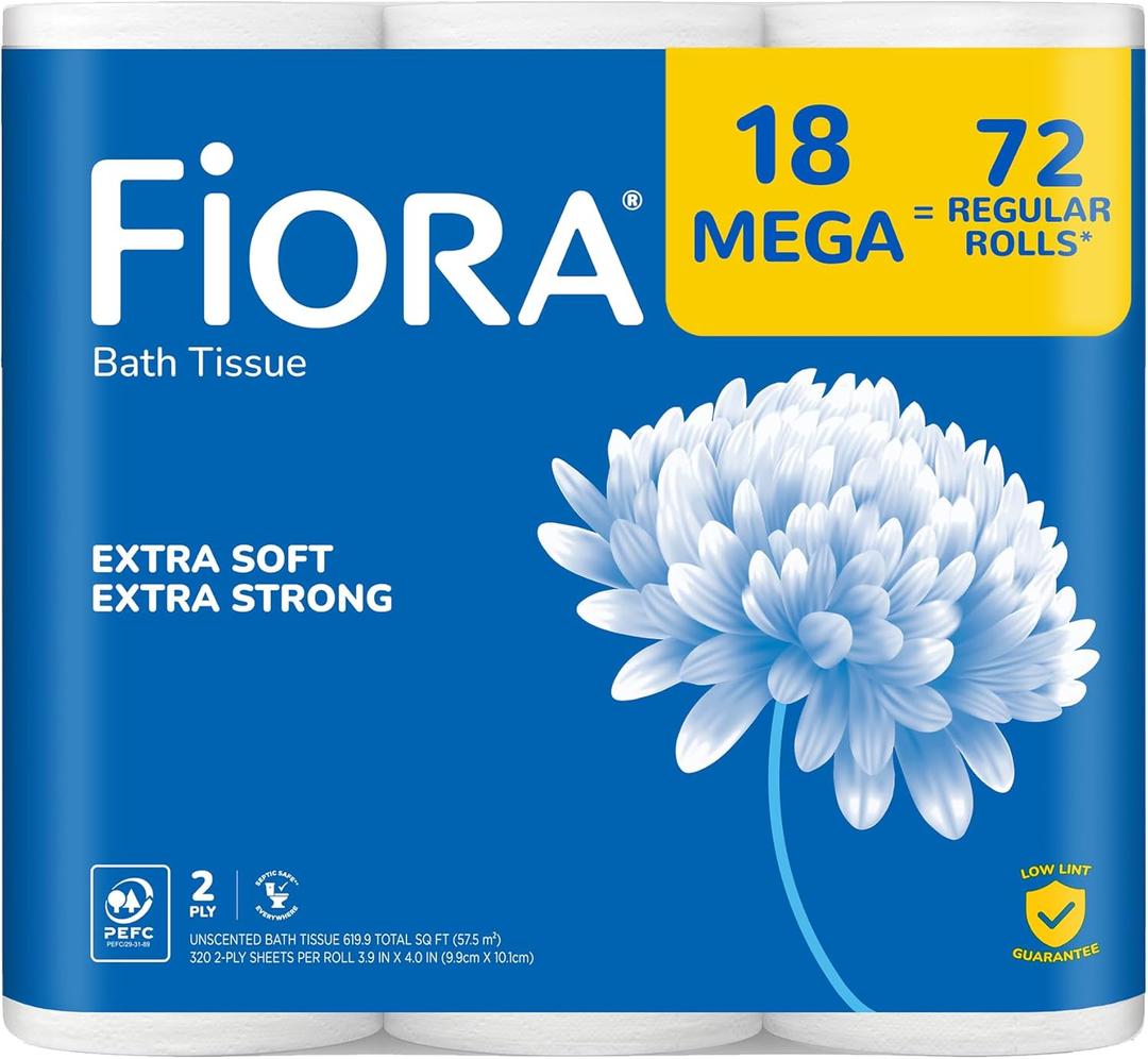 Fiora Toilet Paper, Bathroom Essentials Bath Tissue, Soft & Strong Toilet Paper for Everyday Use, 18 Mega Rolls with 320 Sheets Per Roll, 2-Ply Paper, Septic Safe & Clog Free, Lint Free, Unscented