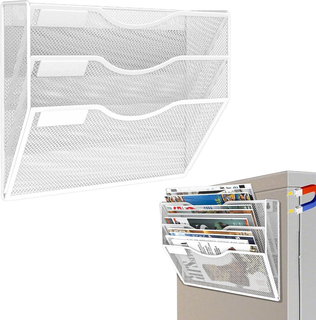 3-Tier Magnetic File Holder, No Drilling Installation File Cabinet Organizer, White Magnetic File Organizer, Magazine Rack, Magnetic Paper Holder for Refrigerator, File Cabinets, White
