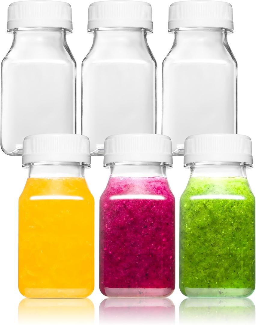 Norcalway 4 Oz Small Plastic Bottles with Black Caps for Liquids - Ginger Shot Lids, Wellness Juice Freezer Safe, Leak Proof, Food Grade 4 Oz 6 Pack, white