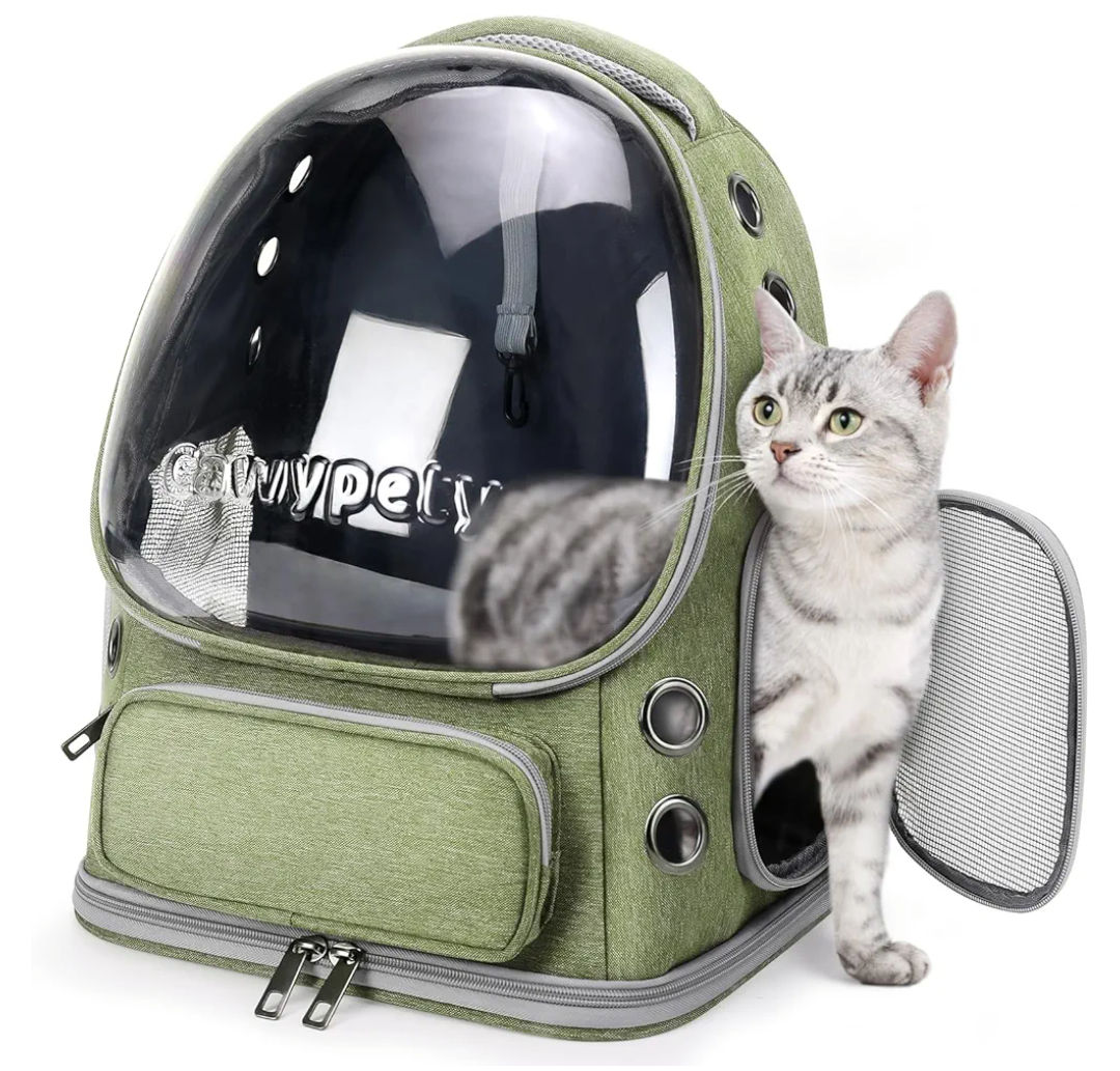 Cawypety Cat Backpack Carrier, Breathable Cat Carrier Large Space Bubble Pet Backpack for Kitty Small Dog up to 15lbs, Transparent & Foldable Pet Carrier for Travel Hiking