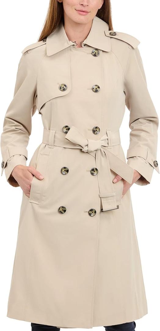 LONDON FOG Women's 3/ 4 Length Double-Breasted Trench Coat with Belt, Stone, Large