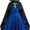 Xefenki Girls Evil Queen Costume Dress Set Halloween Cosplay Birthday Party Outfit Includes Dress Cape Hood and Crown (11-12 Years(150))