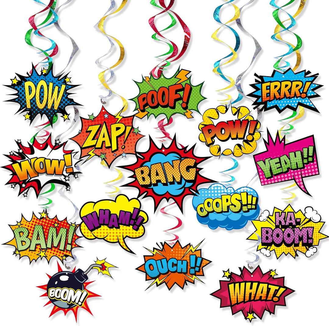 Superhero Hanging Swirls 30 Pack Hero Action Sign Foil Ceiling Hanging Swirls Streams Banner Decor Garland for Kids Superhero Baby Shower Celebrating Events Birthday Party Supplies Room Wall Decor
