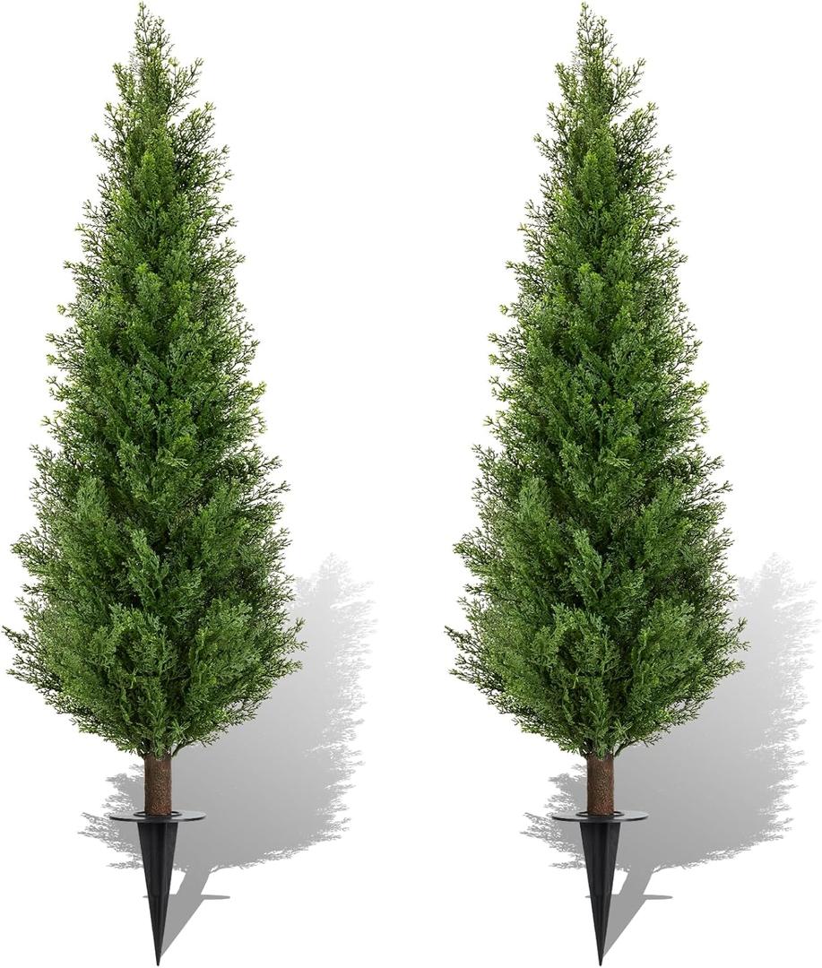 2 Pack 4ft Artificial Cedar Topiary Trees with Ground Spike, Realistic Fake Plants Tree UV Resistant Artificial Plants Indoor Outdoor Faux Plants Evergreen Bushes Shrubs for Porch Garden Office