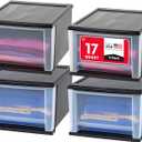 IRIS USA 17 Qt. Medium Plastic Stacking Drawer, Stackable Storage Organizer Unit with Sliding Drawer for Bedroom Kitchen Under Sink Pantry Craft Room Dorm Office, Black, 4-Pack