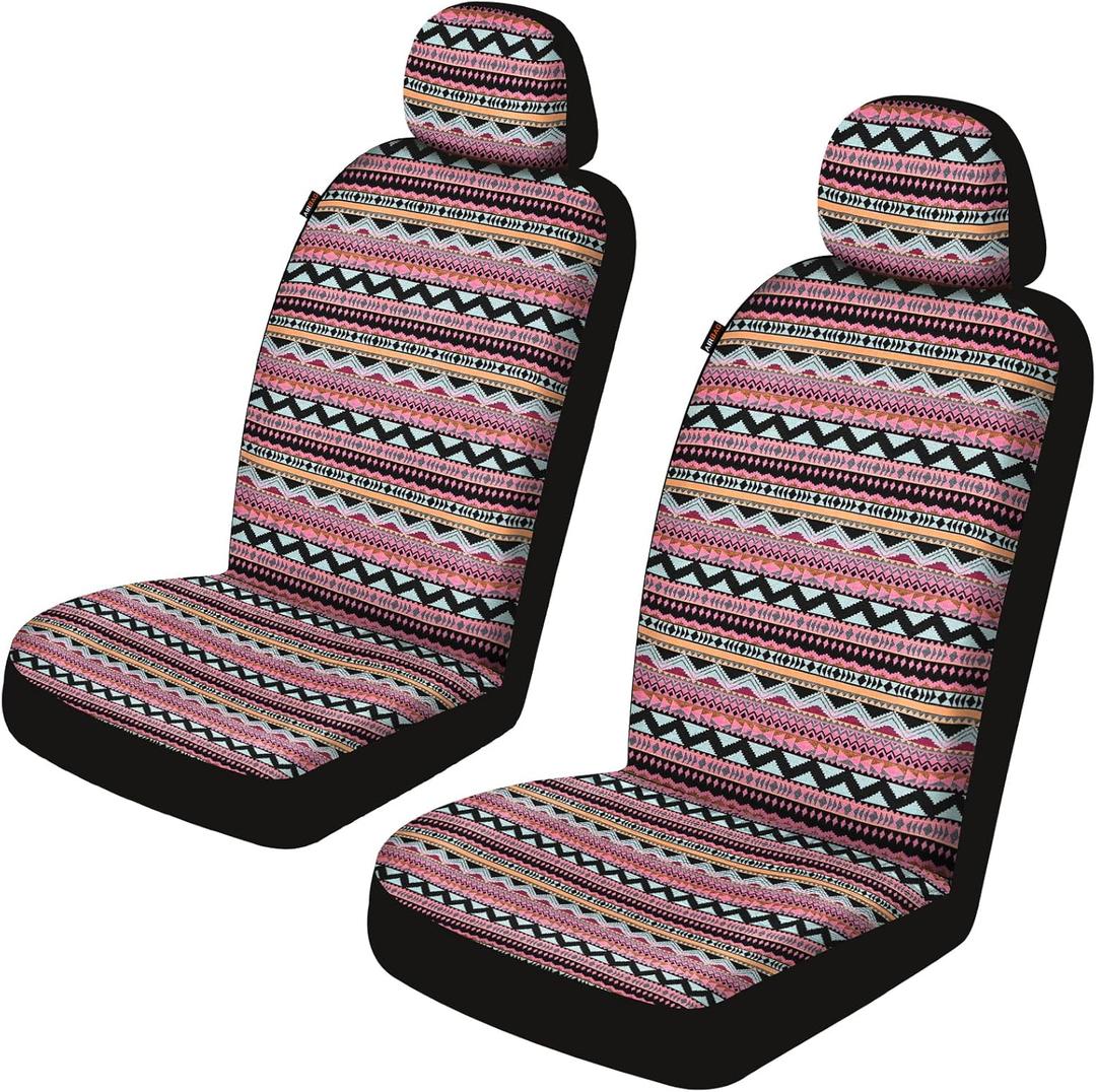 Baja Saddle Blanket Car Seat Covers Front Set, Washable Breathable Striped Woven Cloth Seat Covers for Cars, SUV, Truck,Airbag Compatible(Pink), Pack of 1 