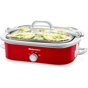 Elite Gourmet MST-5240 Casserole Crock Slow Cooker, Locking Lid Adjustable Temperature Keep Warm Oven & Dishwasher-Safe Casserole Pan, 3.5Qt Capacity, Red