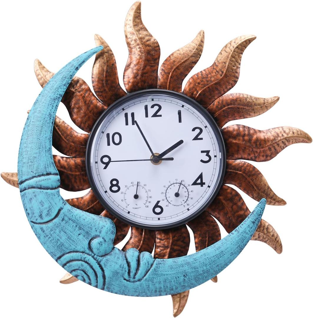 MUMTOP 14 Inch Sun and Moon Outdoor Clock, Outside Waterproof Wall Clock with Thermometer for Patio Pool Living Room Home Decor