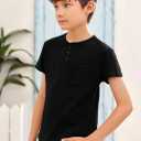 GAMISOTE Kids Boys Henley Shirts Solid Button Down Short Sleeve Pocket Casual Tops Tees (Black)