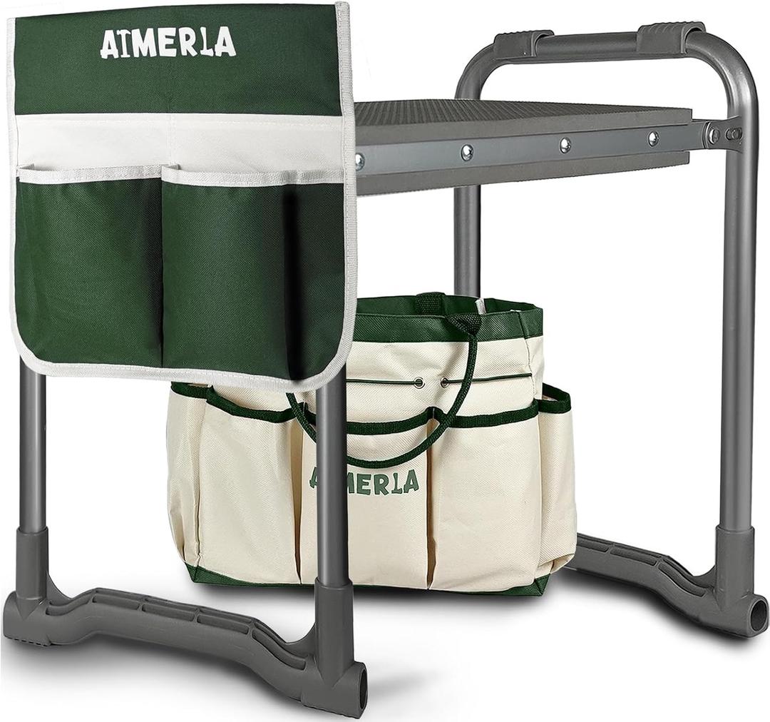 Aimerla Foldable Garden Kneeler Seat Heavy Duty [Upgraded Widened Thick Kneeling Pad] Gardening Stool with Large Tool Bags with Pockets - Portable Garden Bench Gardening Gifts for Parents