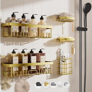 Veken Adhesive Shower Caddy 5-Pack,Heavy Weight Bearing,Large Wall Mounted Shower Shelves Rack,Organizer Storage Accessories with Soap Dish&Toothbrush Holder,Ideal for Bathroom,Home&Kitchen,Gold