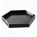 Dugunusu Hexagon Decorative Serving Tray with Polished Gold-Tone Metal Handles, Black Glossy Finish, Large Ottoman and Coffee Table Tray, 17.7x15.4x2 Inch (Black)