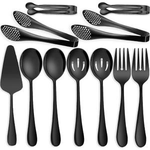 IAXSEE 11 PCS Serving Utensils, Large Stainless Steel Spoons Forks Tongs, Pie Server, Great for Hostess Buffet Catering Banquet Party, Black
