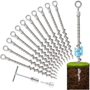 12 Pcs 14" Ground Anchors Screw in Non-Rust Cast Aluminum Detachable Tent Stakes for Camping Tents, Sand, Trampoline, Swing Sets and Sheds