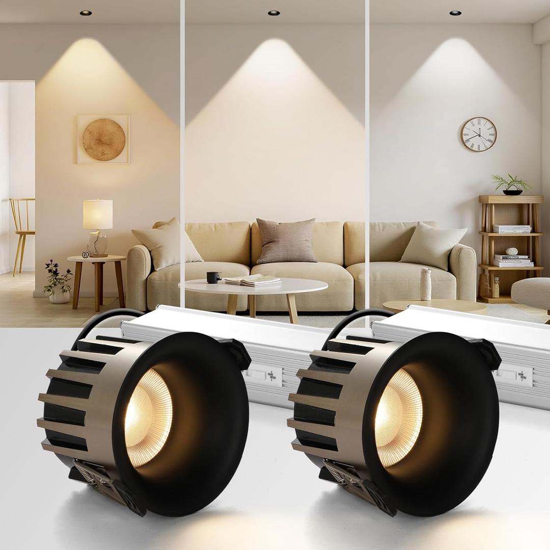 HITOO 3 Inch Recessed Ceiling Light, Dimmable Recessed Lights with JBox, 3CCT Trimless Soffit Canless Light 30006000K Selectable, 12W 1300LM Black Recessed Lighting for Living Room, Kitchen (2 PCS)