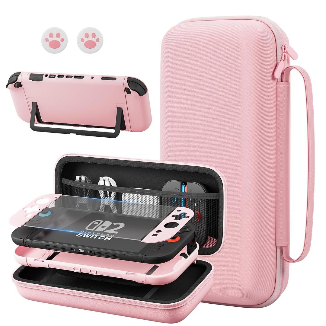 FANPL Pink Case Bundle for Nintendo Switch 2 (2025) Accessories, Portable Hard Carrying Cover with Protective Skin , Screen Protector, 2 Thumb Grips