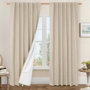 LAMIT 100% Blackout Linen Curtains, 84 Inch Linen Textured Living Room Farmhouse Curtains Room Darkening Back Tab and Rod Pocket Burlap Neutral Panels with White Liner, 2 Panels, 52 x 84 Inch