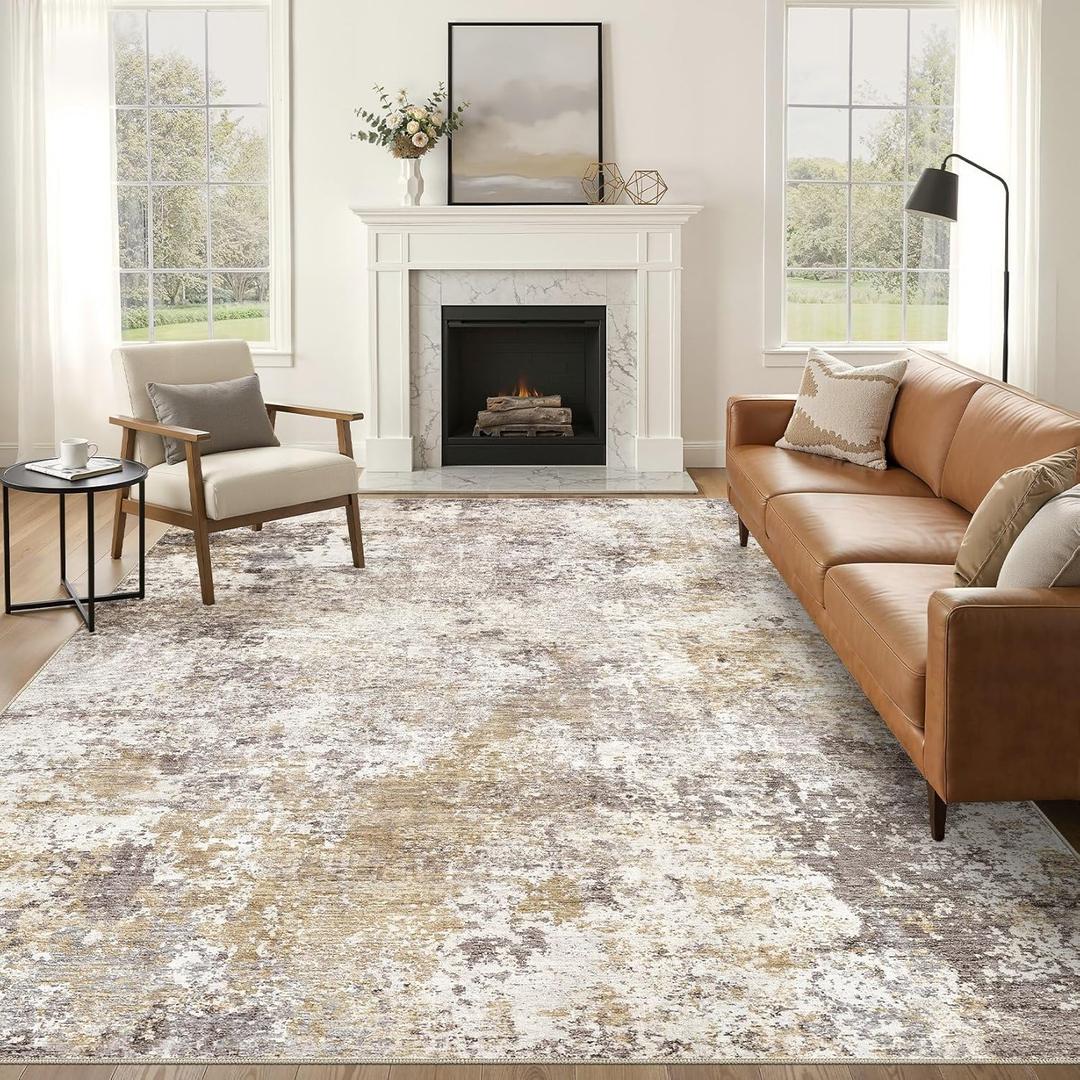 Nakagishi 10X12 Area Rugs for Living Room: Washable Modern Abstract Rug with Non-Slip Silicone Backing Low Pile Soft Carpet for Bedroom & Dining Decor Ideal for Families with Kids and Pets-Brown