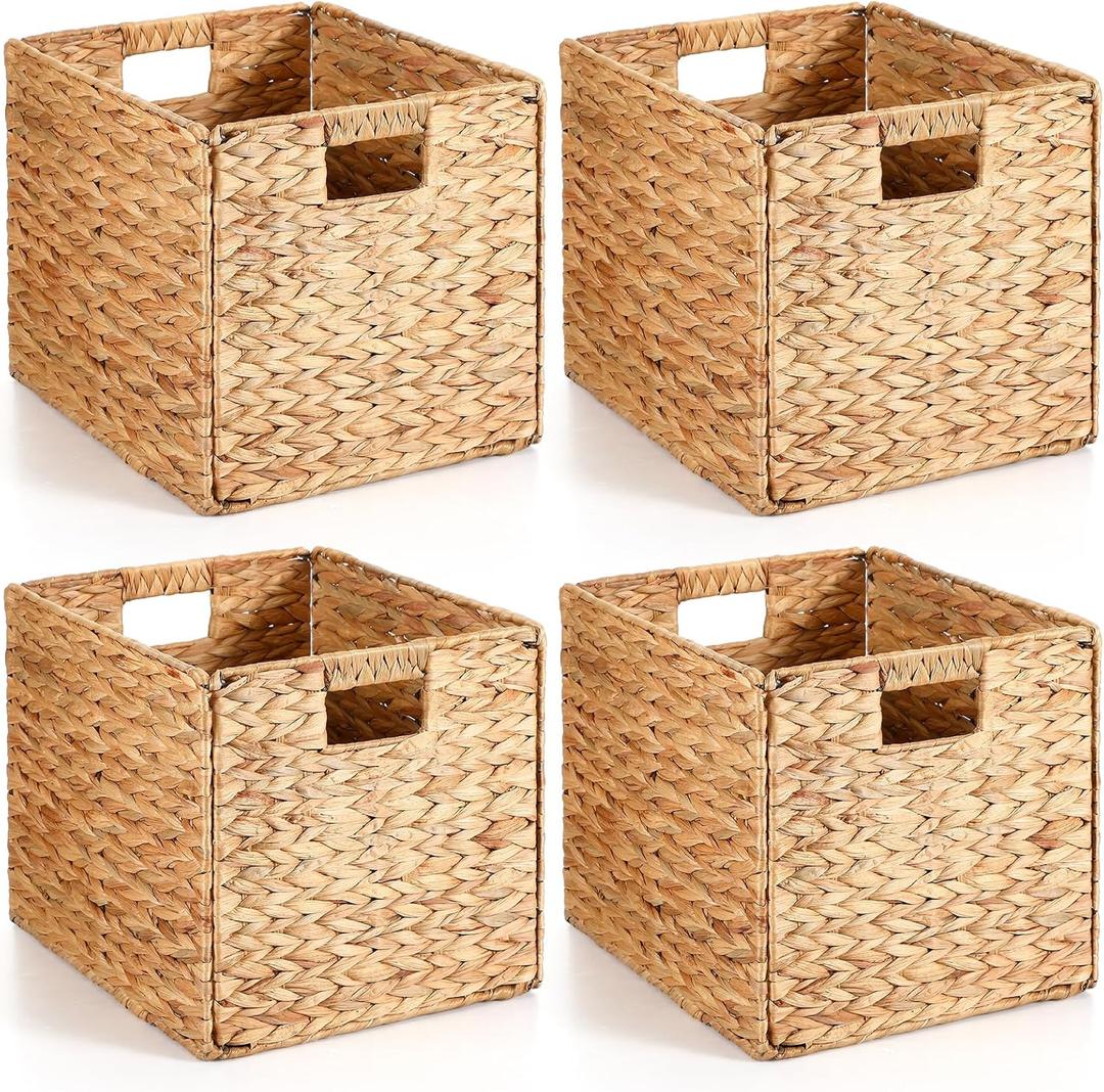 Layhit 4 Pcs Wicker Storage Basket Water Hyacinth Handwoven Baskets with Handles Foldable Woven Organizer Multipurpose Wicker Storage Bins for Bedroom Living Room(13 x 11 x 11'',Natural)
