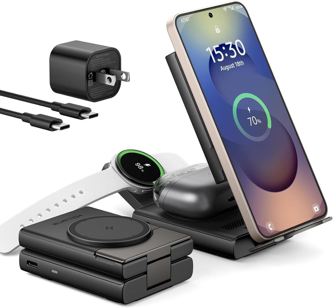 SURITCH for Samsung 3-in-1 Wireless Charging Station, 15W Ultra-Compact Chargers Foldable Charging Dock Stand for Galaxy S25 S24 S23 S22 S21 Z Fold/Z Flip, Galaxy Watch 8/7/6/5/4/3, Galaxy Buds, Black