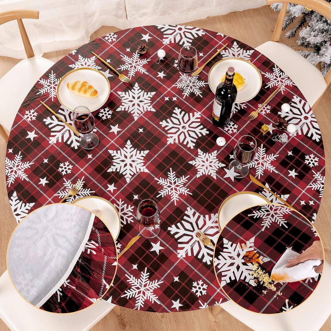 UMINEUX Round Fitted Vinyl Christmas Tablecloth with Elastic Edged & Flannel Backing, Waterproof Wipeable Round Table Cover for Indoor Patio Use - Fits Tables up to 40"-44" Diameter(Snowflake)