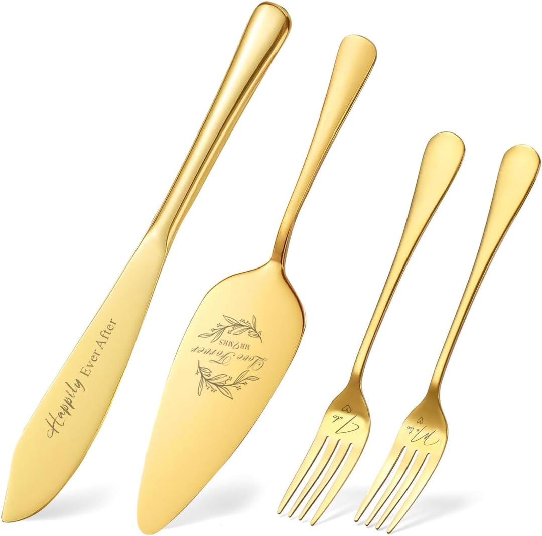 Wedding Cake Knife and Server Set, Gold Cake Cutting Set for Wedding Bridal Shower Engagement Gifts for Couples
