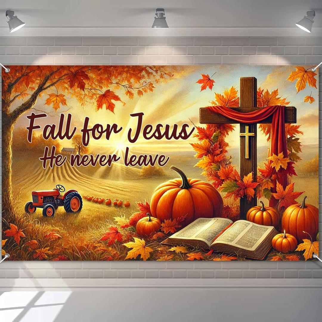 Fall Religious Banner 71x43 Inches Hanging Decor Fall for Jesus Cross Pumpkin Scene Decoration for Home Church Party Supplies Photo Backdrop Outdoor Indoor Seasonal Decor