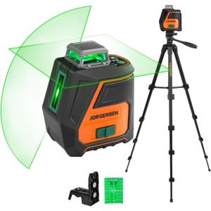 JORGENSEN 360 Laser Level with Tripod, 100 FT Rechargeable Self Leveling Cross Line Laser Leveler Tool with Magnetic Base, Wide Angle Green Laser Level for Picture Hanging, Floor Tile, Construction