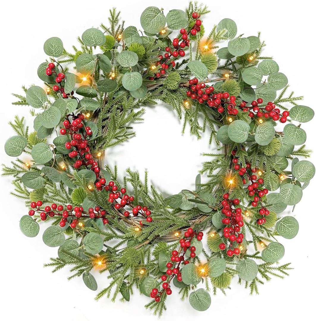 Christmas Wreath with Lights Timer - 20 Inch Christmas Wreaths with Cedar Branch Tips Eucalyptus Red Berries, Artificial Cedar Wreath for Front Door, Wall, Windows, Home, Indoor, Outdoor Use