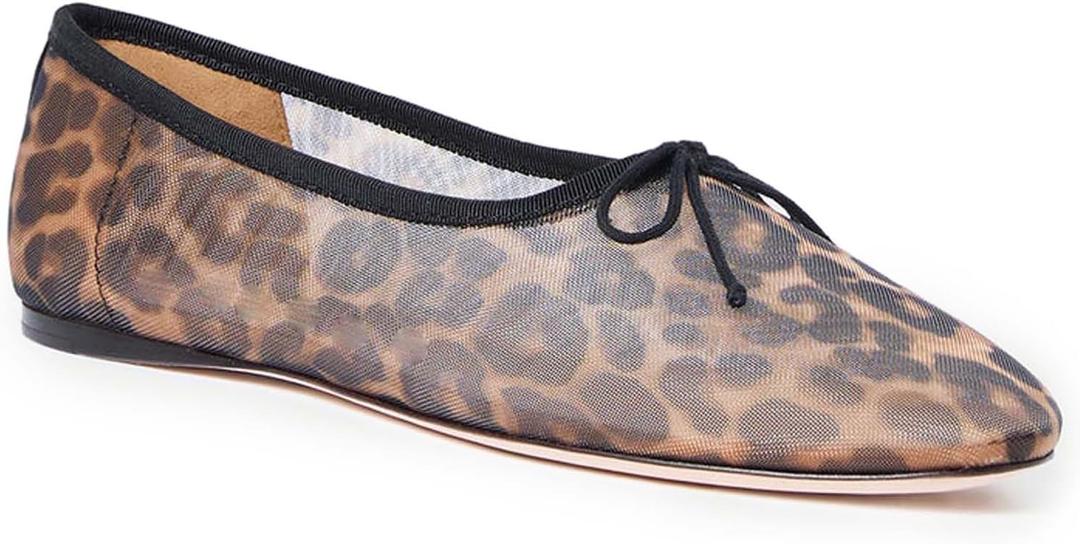 UBWDU Mesh Ballet Flats for Women Round Closed Toe Mary Jane Flats Ballerina Shoes with Bow (6, Leopard)