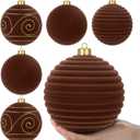 Suzile 6 Pack 6 Inch Large Velvet Christmas Ball Ornaments Brown Flocked Christmas Tree Hanging Balls Vintage Xmas Tree Ornaments for Xmas Holiday Party Hanging Decorations