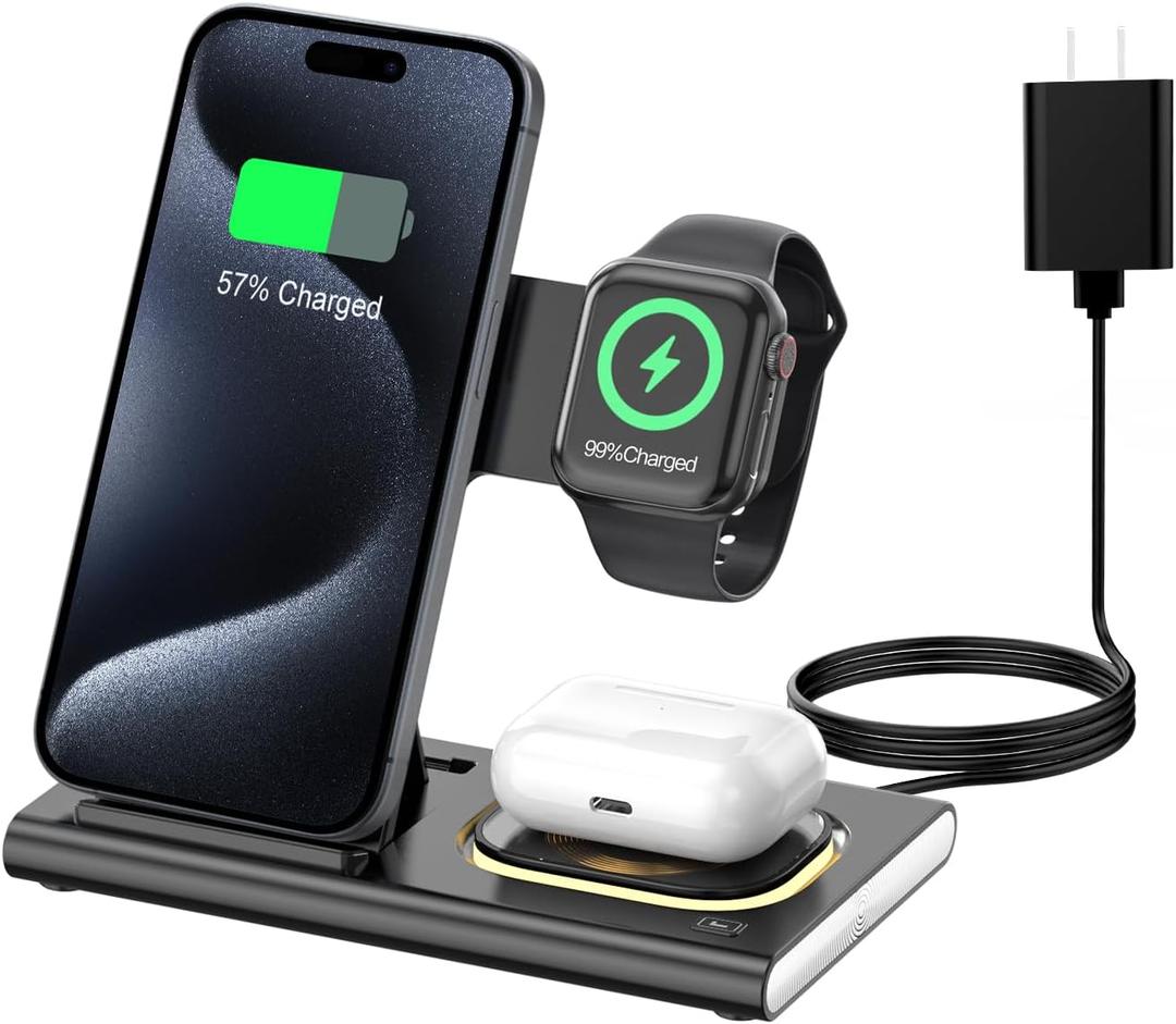 3 in 1 Foldable Charging Station for Apple Products,Fast Wireless Charger Travel Dock Adapter&Light for iPhone 16/15/14/13/12/11/X/XS,for iWatch 10/9/8/7/Ultra2/Ultra/SE,for AirPods 4/3/2/Pro/2(black)