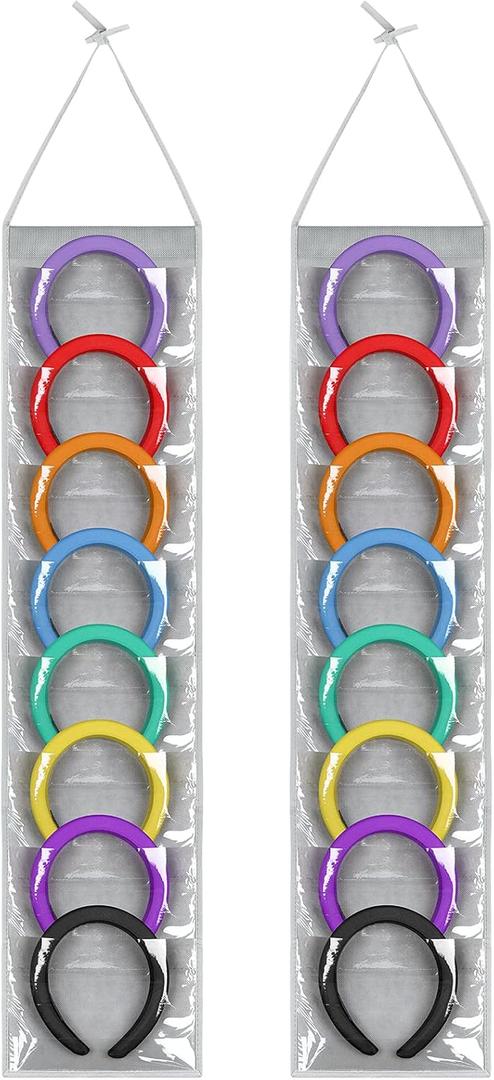 Shappy 2 Pcs Headband Organizer for Women Hanging Headband Holder with 16 Clear Pockets Headphone Storage Classroom for Cell Phones Calculator Hair Accessory(8.7 inches,Gray)