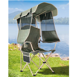 Beach Chair with Canopy Shade, Folding Camping Chair with Canopy with Cup Holder, Side Pocket for Camp, Beach, Tailgates, Fishing - Support 330 LBS (Olive Green)